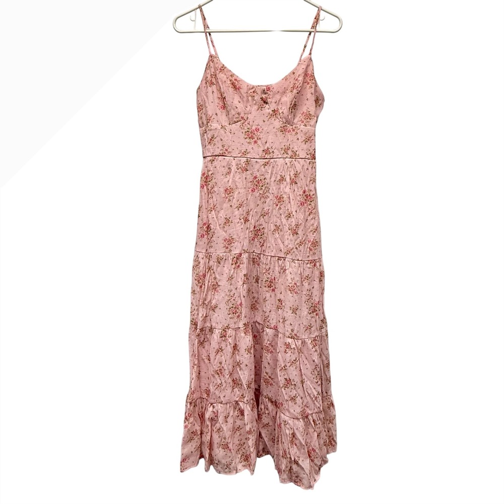 Trixxi Pink Floral Smocked Tiered Midi Dress Cottagecore Romantic Womens Medium